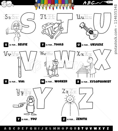 educational cartoon alphabet set from S to Z color book page educational cartoon alphabet set from S to Z color book page 114635348