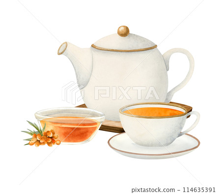 Tea party with white teapot, herbal sea buckthorn jam and orange tea in elegant cup watercolor isolated illustration for natural organic drinks, vegan cafe menus and healthy drinks recipes 114635391