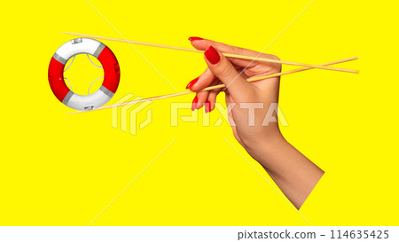 Hand with red nails delicately holding lifebuoy with chopsticks against bright yellow background. Contemporary art collage. Hand with red nails delicately holding lifebuoy with chopsticks against bright yellow background. Contemporary art collage. 114635425