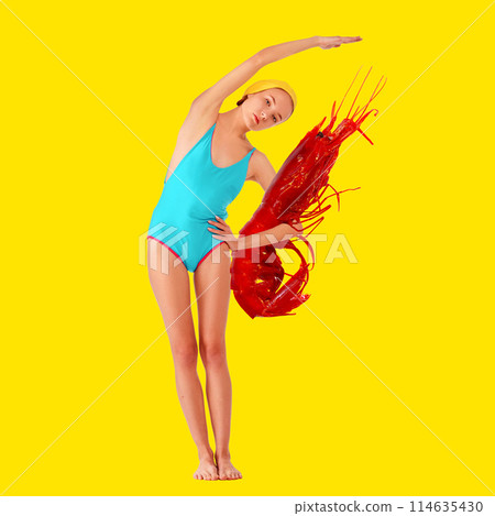 Young girl in blue swimsuit posing with giant red lobster against bright yellow background. Beach cafe. Contemporary art collage. 114635430