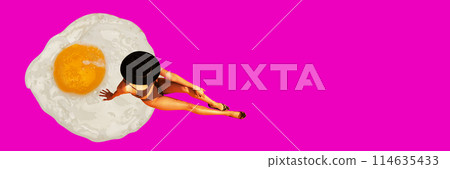 Top view of woman in hat and swimsuit sunbathing on giant fried egg against bright pink background. Contemporary art collage. Top view of woman in hat and swimsuit sunbathing on giant fried egg against bright pink background. Contemporary art collage. 114635433
