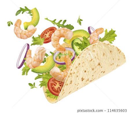 Shrimp wrap, seafood tacos isolated on white background with slipping path, full depth of field 114635603