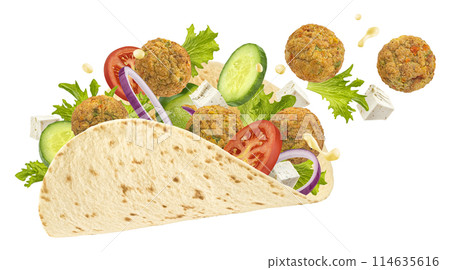 Vegetarian tortilla wrap, shawarma sandwich with falafel isolated on white background, full depth of field 114635616
