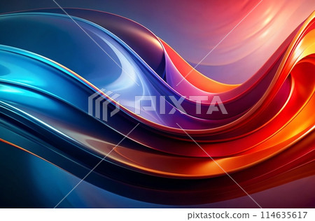 Abstract, modern design with glossy, flowing figures, warm to cool color palette, dynamic effect, generative ai 114635617