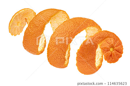 Twisted orange peel isolated on white background with clipping path, package design element, full depth of field Twisted orange peel isolated on white background with clipping path, package design element, full depth of field 114635623