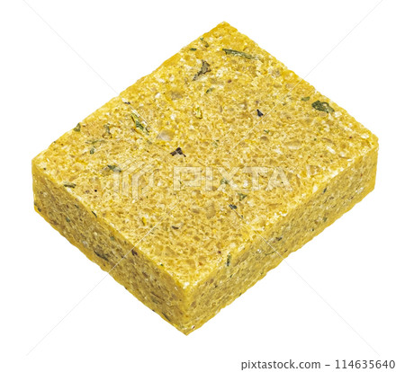 One bouillon cube isolated on white background, chicken broth concentrate, full depth of field 114635640