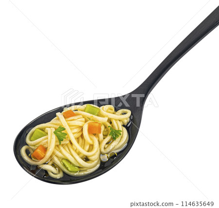 Instant noodle soup in black spoon isolated on white background with clipping path Instant noodle soup in black spoon isolated on white background with clipping path 114635649