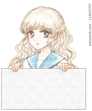 Hand-drawn watercolor style illustration of a beautiful girl holding a panel and looking worried 114635707