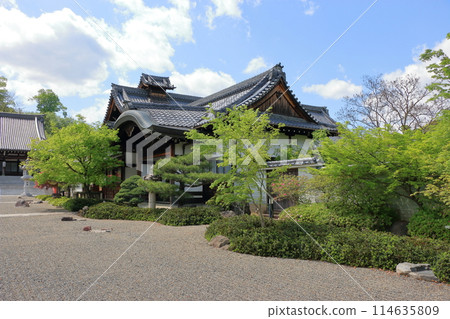 Myomanji Temple in northeastern Kyoto Japan, a Nichiren Buddhist temple which has views of Mt. Hiei and a large Stupa with a statue of Buddha within. 114635809