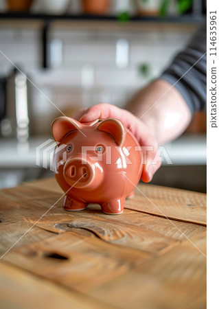 A person is holding a piggy bank in their hand 114635961