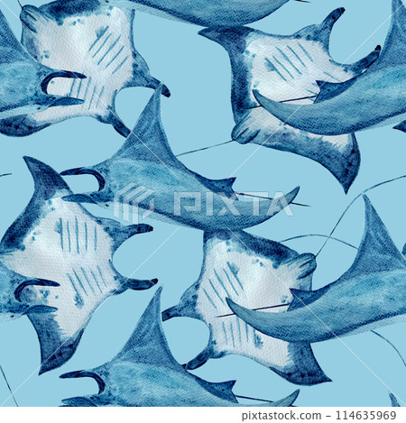 Manta ray busy watercolor seamless pattern on blue background. High quality hand-drawn monochromatic illustration for notebooks, posters, wallpaper, textile, beach towel, wrapping paper, room decor Manta ray busy watercolor seamless pattern on blue background. High quality hand-drawn monochromatic illustration for notebooks, posters, wallpaper, textile, beach towel, wrapping paper, room decor 114635969