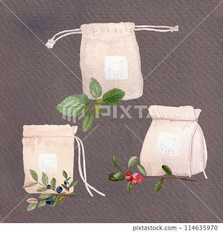 Lemon balm leafs, cowberry, blueberry tea watercolor set on brown background. High quality hand drawn art. wild herb great for cards, packages, tea, infusions, herbal medicine recipes, stickers, tape 114635970