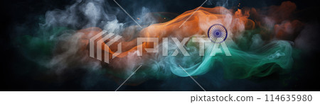 Vibrant Indian flag made from swirling clouds of orange, white, green smoke on dark background, symbolizing Indian Independence Day. Celebrating India's culture and national pride. Generative AI. 114635980