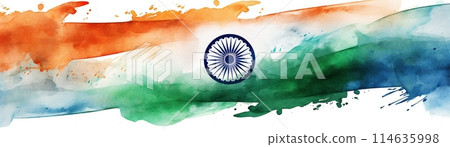 A vibrant watercolor painting of the Indian flag with the Ashoka Chakra in the center. Indian Independence Day. Ideal for celebrating India's culture and national pride. Banner. Generative AI. 114635998
