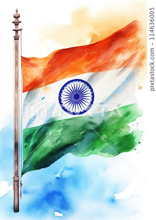 Vibrant watercolor painting of the Indian flag with the Ashoka Chakra in the center. Indian Independence Day. Ideal for celebrating India's culture and national pride. Vertical format. Generative AI. 114636005