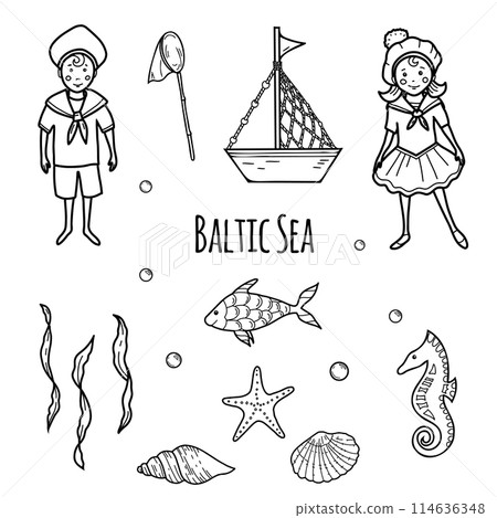 black and white sailor with a net full of fish Marine Set of little Sailor Boy and Girl, cute... - Stock Illustration  [114636348]