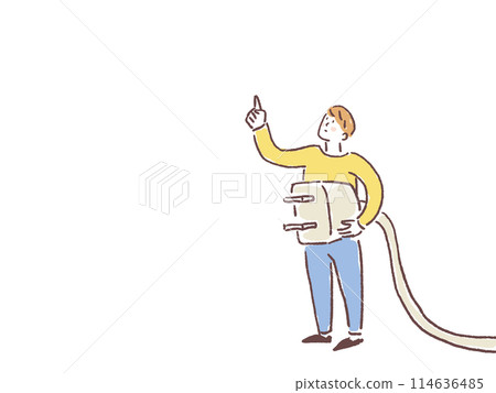 A man holding a plug and pointing up 114636485