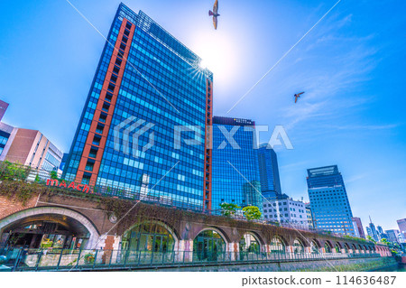 Tokyo cityscape in Japan: View of Marche Écout, Kanda River, pigeons, etc. from Manseibashi Bridge (the direction of Ochanomizu Station is in the back right) 114636487