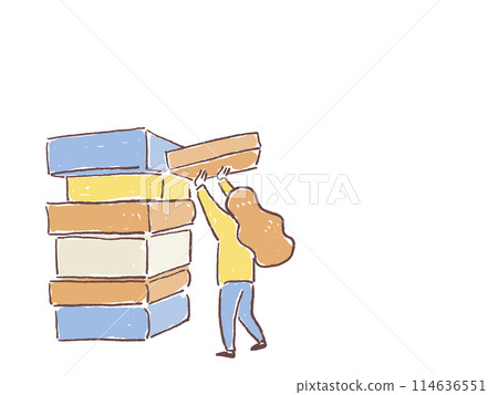 Back view of a woman stacking boxes and books Back view of a woman stacking boxes and books 114636551