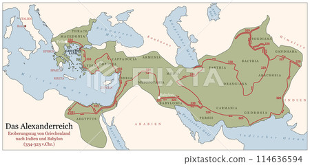 The Empire of Alexander the Great on his conquest course from Greece to India to Babylon 334 to 323 BC. German labeled history map with towns, provinces and years. German labeling. Illustration The Empire of Alexander the Great on his conquest course from Greece to India to Babylon 334 to 323 BC. German labeled history map with towns, provinces and years. German labeling. Illustration 114636594