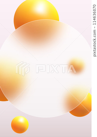 Glass morphism landing page with round frame. Illustration with blurry floating orange spheres. 114636870