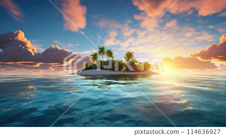 Small tropical island with palm trees, calm ocean water, vibrant sunset or sunrise sky 114636927