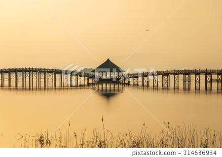 "Aomori Prefecture" The beautiful Tsuru-no-Mai Bridge illuminated by the morning sun 114636934