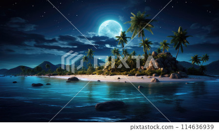 Small tropical island with palm trees, calm ocean water, dark moonlit starry night sky 114636939