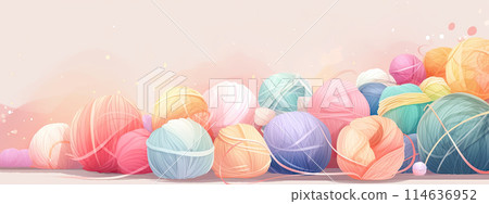 Colorful yarn balls in pastel shades for knitting and crafts banner background 114636952