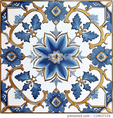 Ornate square tile with symmetrical floral pattern, blue and gold colors, decor inspiration 114637158