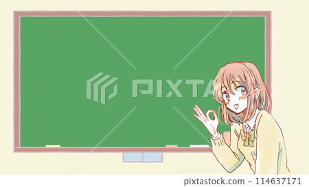 Female student giving OK sign, blackboard Female student giving OK sign, blackboard 114637171