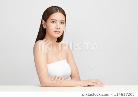 Beautiful young asian woman with clean fresh skin on white background, Face care, Facial treatment, Cosmetology, beauty and spa, Asian women portrait. 114637205