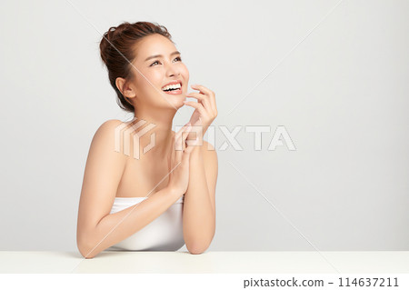 Beautiful young asian woman with clean fresh skin on white background, Face care, Facial treatment, Cosmetology, beauty and spa, Asian women portrait. 114637211