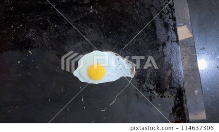 Delicious Fried Egg Cooking on Hot Griddle Overhead View Delicious Fried Egg Cooking on Hot Griddle Overhead View 114637306
