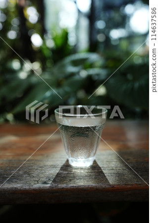 glass of water on wooden table with green lush background glass of water on wooden table with green lush background 114637586