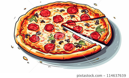 Delicious Italian pizza with salami, tomatoes, and cheese on a plate, isolated on white background 114637639
