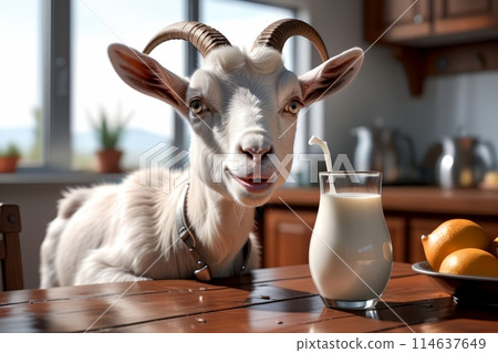 cute goat looking at fresh milk in a glass 114637649