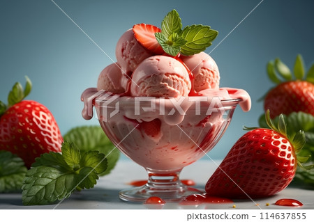 strawberry ice cream with strawberry syrup and mint strawberry ice cream with strawberry syrup and mint 114637855