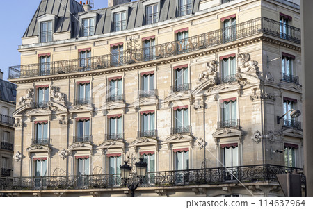 Exterior architecture of La Villa Royale Hotel with typical balconies and windows in paris. Exterior architecture of La Villa Royale Hotel with typical balconies and windows in paris. 114637964
