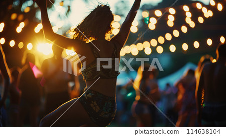 a solitary dancer lost in the rhythm of the music, at a music festival 114638104