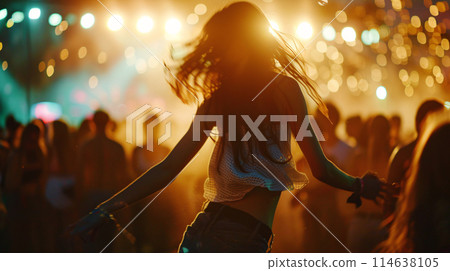 a solitary dancer lost in the rhythm of the music, at a music festival 114638105
