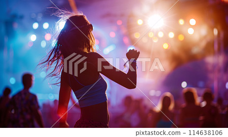 a solitary dancer lost in the rhythm of the music, at a music festival 114638106