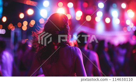 a solitary dancer lost in the rhythm of the music, at a music festival 114638110