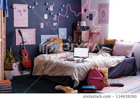No people wide shot of modern teenagers bedroom interior with laptop on bed, posters and lights on walls, copy space 114638260