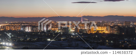 Panorama night aerial view of Ivano-Frankivsk city, Ukraine. Panorama night aerial view of Ivano-Frankivsk city, Ukraine. 114638372