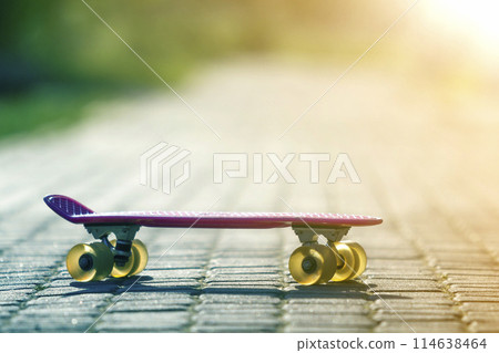 Close-up of child plastic pink skateboard isolated on pavement against bright white and green blurred bokeh background. Sport, recreation, fun and plays concept. Close-up of child plastic pink skateboard isolated on pavement against bright white and green blurred bokeh background. Sport, recreation, fun and plays concept. 114638464