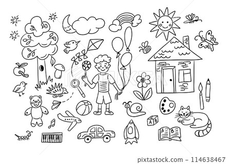 Childish doodle set of like kids drawings. Collection of ordinary children items in sketchy contour style isolated on white background. Monochrome outline stickers Childish doodle set of like kids drawings. Collection of ordinary children items in sketchy contour style isolated on white background. Monochrome outline stickers 114638467