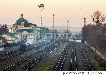 View of the rail road tracks from above View of the rail road tracks from above 114638565