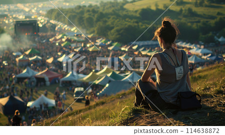 festival goer figure perched atop a hill overlooking a one of the largest summer music festival 114638872