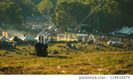festival goer figure perched atop a hill overlooking a one of the largest summer music festival 114638879
